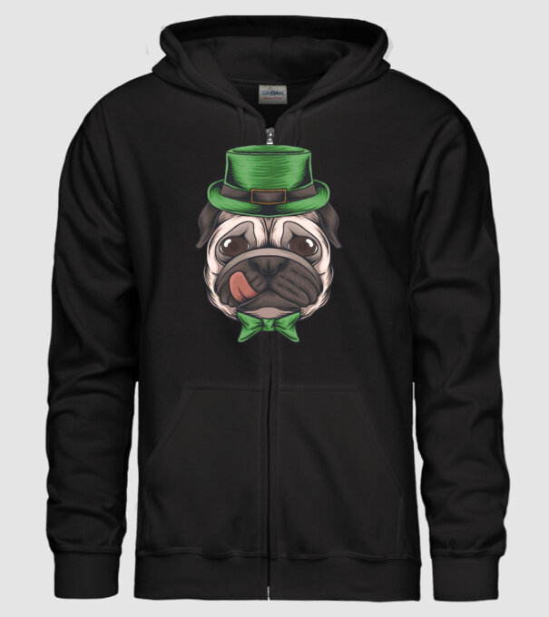 Mops Sfântul Patrick model negru pe tricou