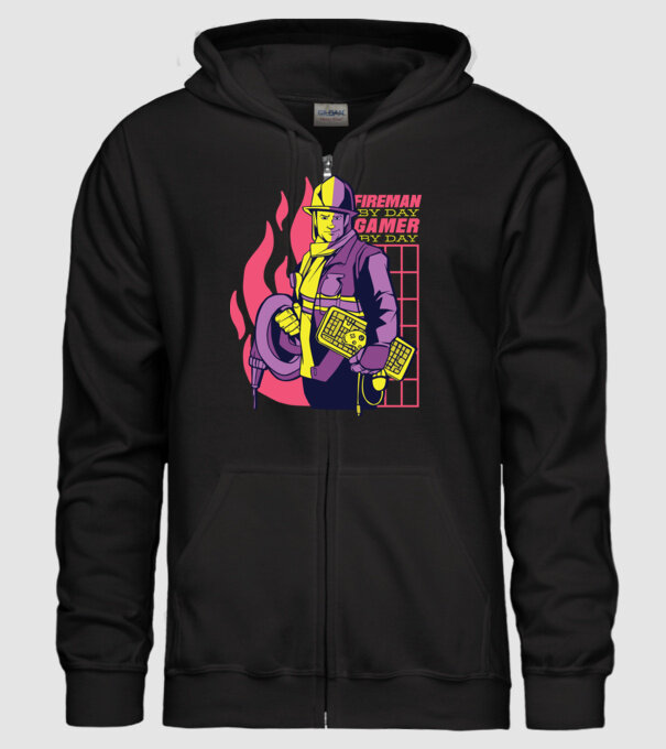 Pompier ziua, Gamer noaptea model negru pe tricou