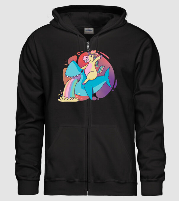 Unicorn pe rechin model negru pe tricou