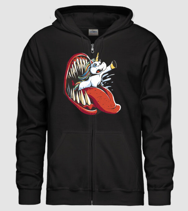 În gura monstrului Unicorn model negru pe tricou