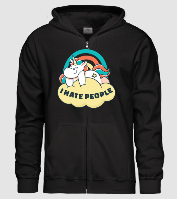 Urăsc oamenii Unicorn model negru pe tricou