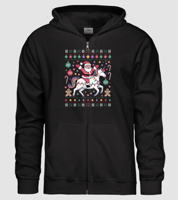 Moș Crăciun pe un pulover urât unicorn model negru pe tricou