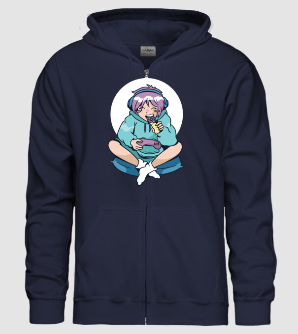 Anime Gamer Fată cu ciocolată model albastru închis pe tricou