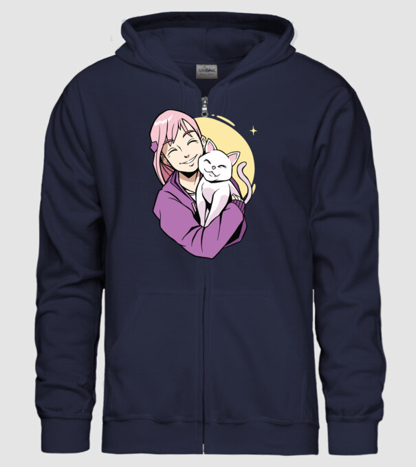 Anime fată cu pisică model albastru închis pe tricou