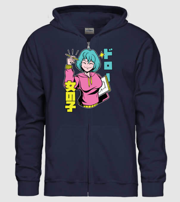 Anime fată desenând model albastru închis pe tricou