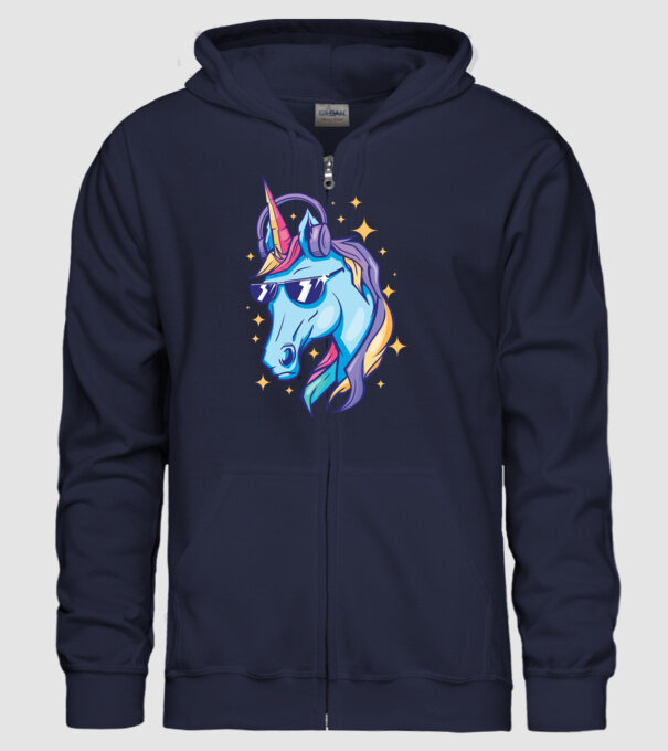 Unicorn strălucitor cu căști model albastru închis pe tricou