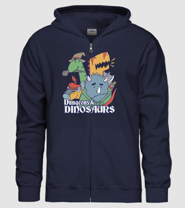 Dungeons and Dinosaurs model albastru închis pe tricou