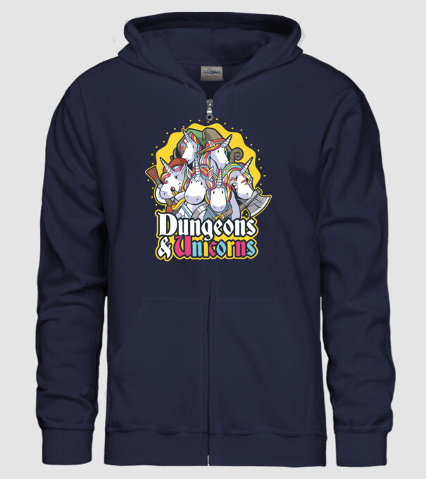 Dungeons and Unicorns model albastru închis pe tricou