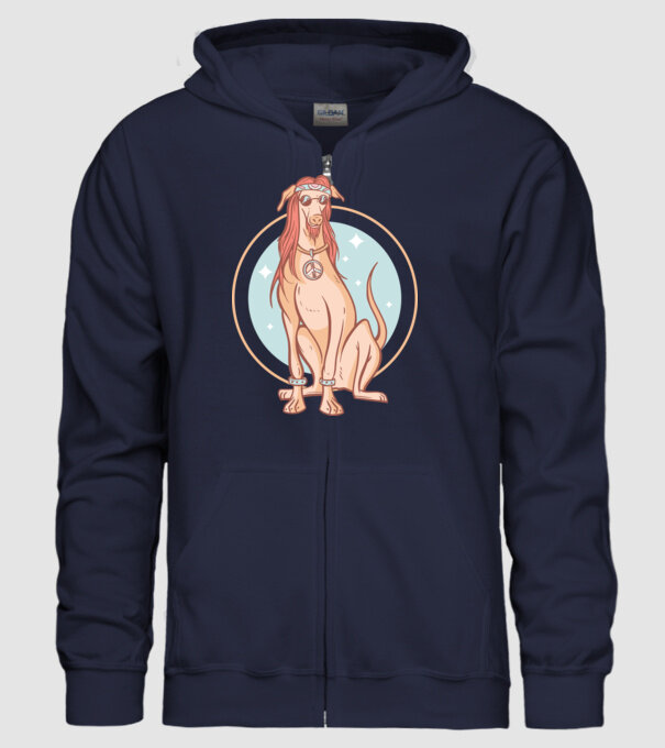 Câine Ogar Hippy model albastru închis pe tricou