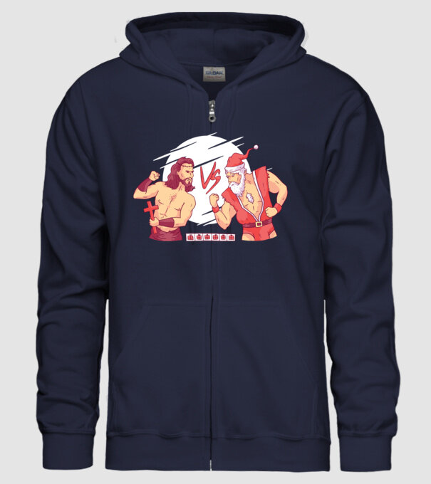 Isus vs Moș Crăciun Street Fighter tricou amuzant Crăciun model albastru închis pe tricou