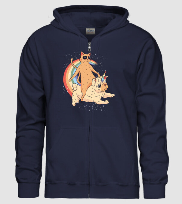 Pisică și Mops unicorn model albastru închis pe tricou