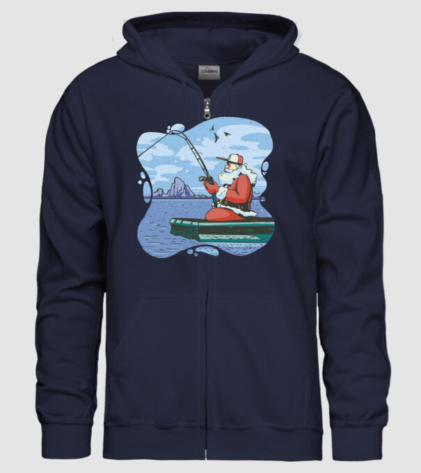 Moș Crăciun la pescuit model albastru închis pe tricou