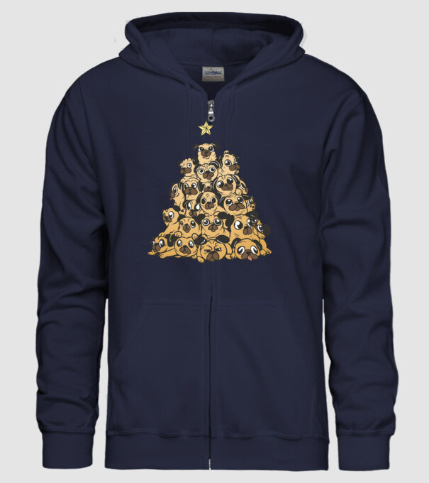 pom de Crăciun cu cățel (mops) model albastru închis pe tricou