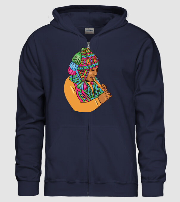 Muzician peruan indigen model albastru închis pe tricou