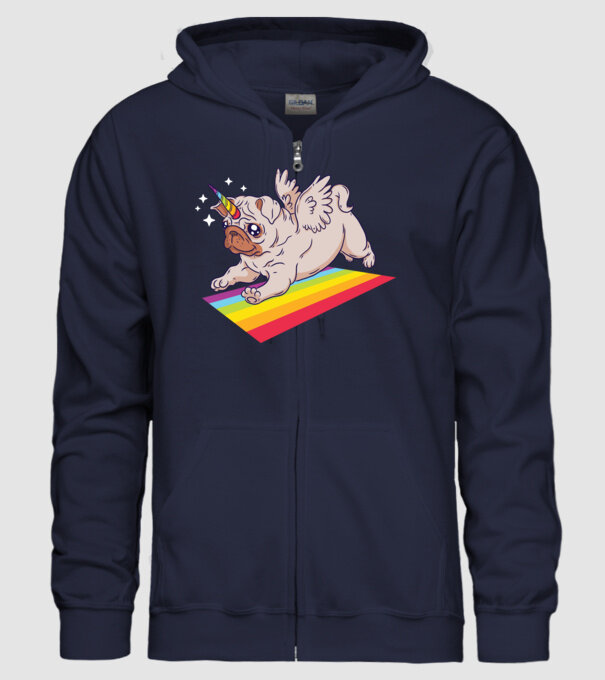 Pugicorn - mops unicorn model albastru închis pe tricou
