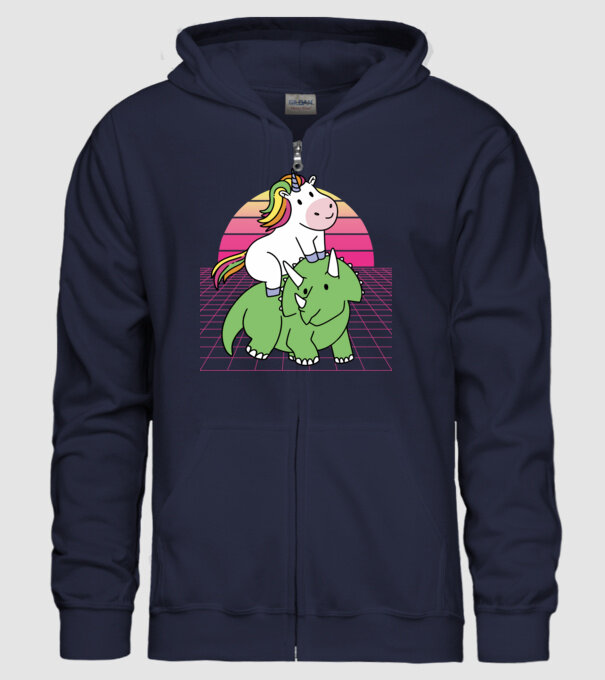 Unicorn pe dinozaur retro model albastru închis pe tricou