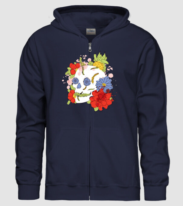 Craniu cu Flori model albastru închis pe tricou