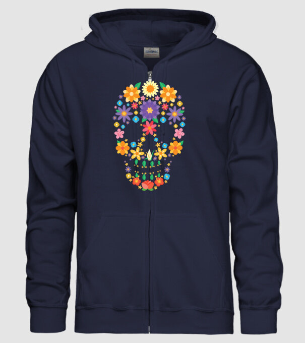 Craniu cu Flori model albastru închis pe tricou