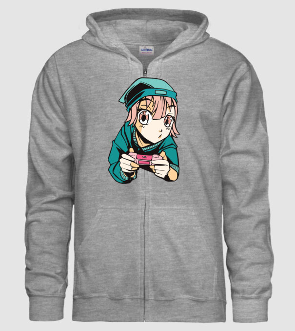 Anime fată Gamer model gri pe tricou