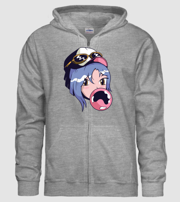 fată Anime cu gumă de mestecat model gri pe tricou
