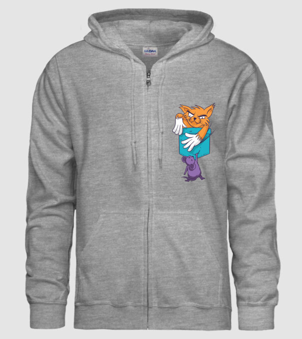 Pisică cu șoarece buzunar model gri pe tricou