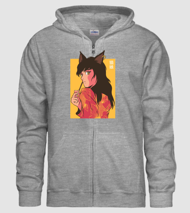 Pisică Fată Anime model gri pe tricou