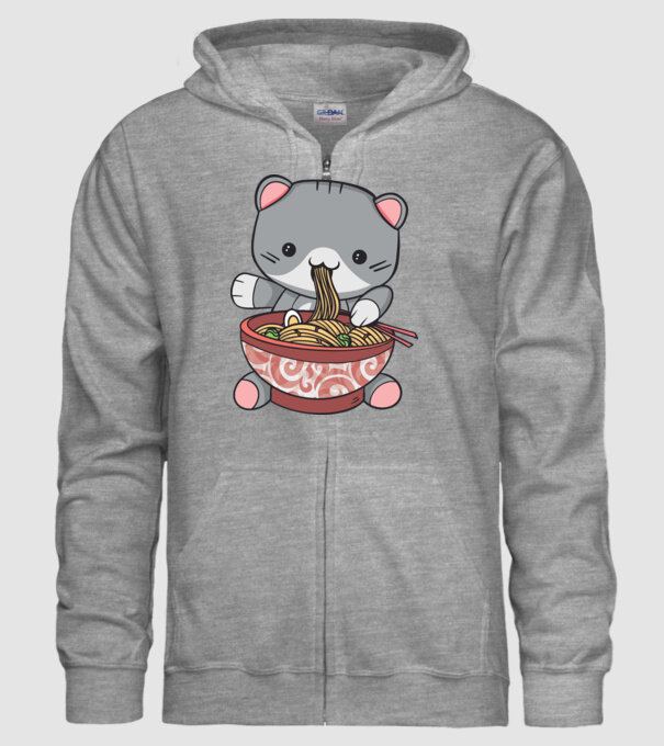 Pisică Kawaii Ramen model gri pe tricou