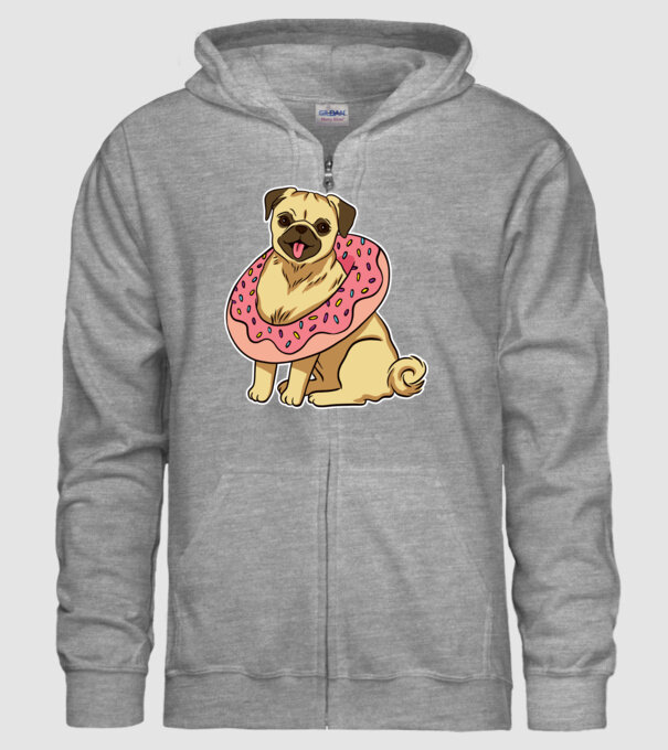 Mops cu gogoașă la gât model gri pe tricou