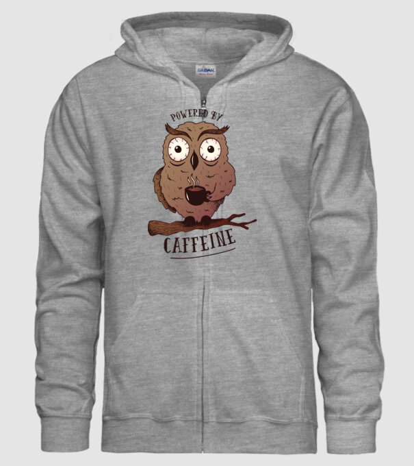 Powered by Caffeine - Tricou cu bufniță și energie de cafeină model gri pe tricou