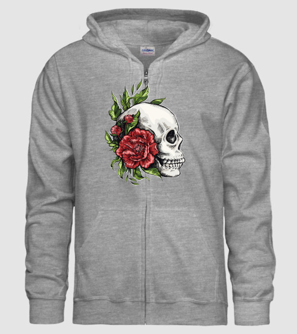 Trandafiri și craniu model gri pe tricou