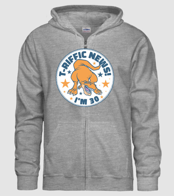'T-rex Terrific news i''m 30' model gri pe tricou