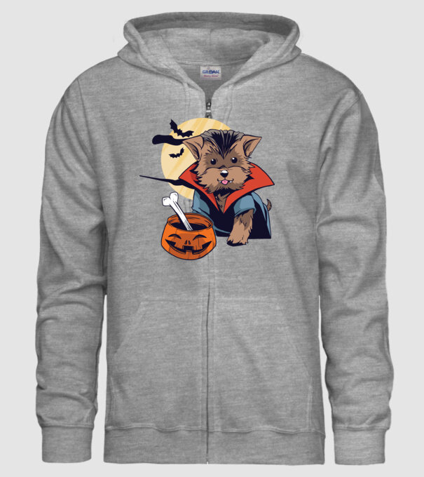 Vampir Yorkie Halloween model gri pe tricou
