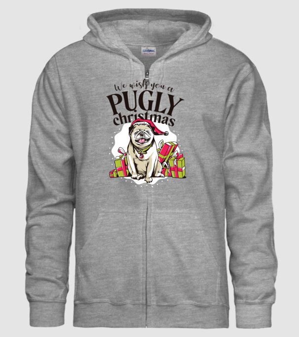 We wish You a Pugly Christmas tricou cu mops model gri pe tricou