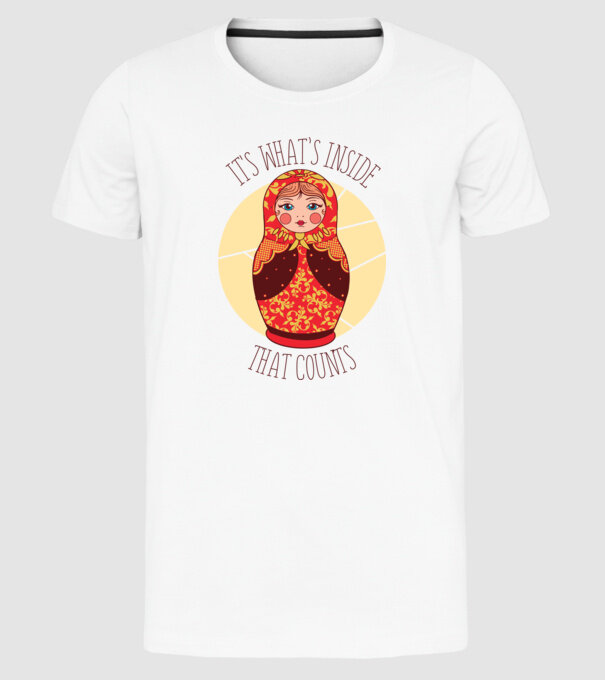 Interiorul contează - păpușă Mamushka model alb pe tricou