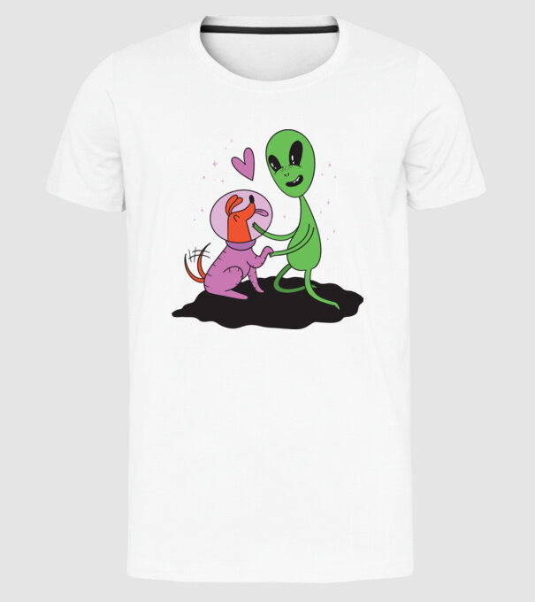 Alien cu câine model alb pe tricou