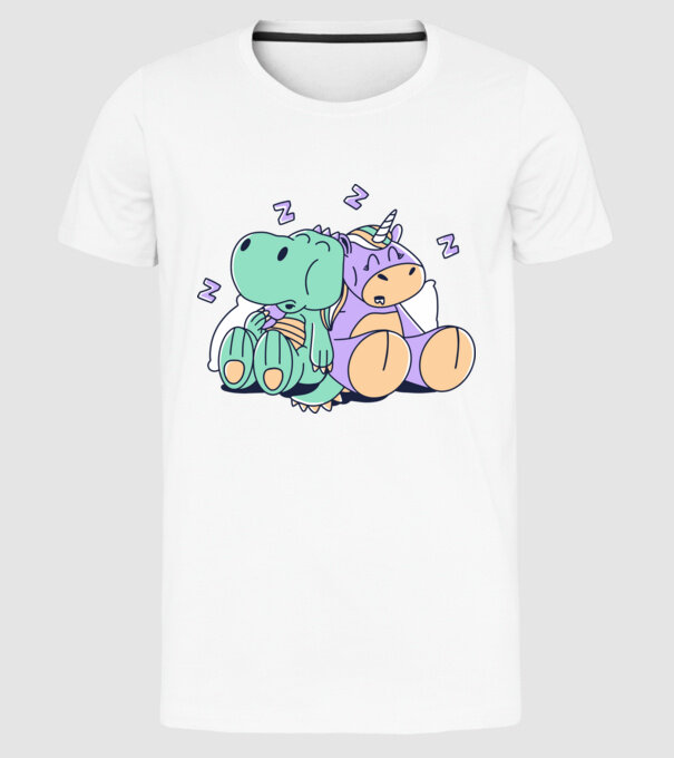 Unicorn adormit și T-rex model alb pe tricou