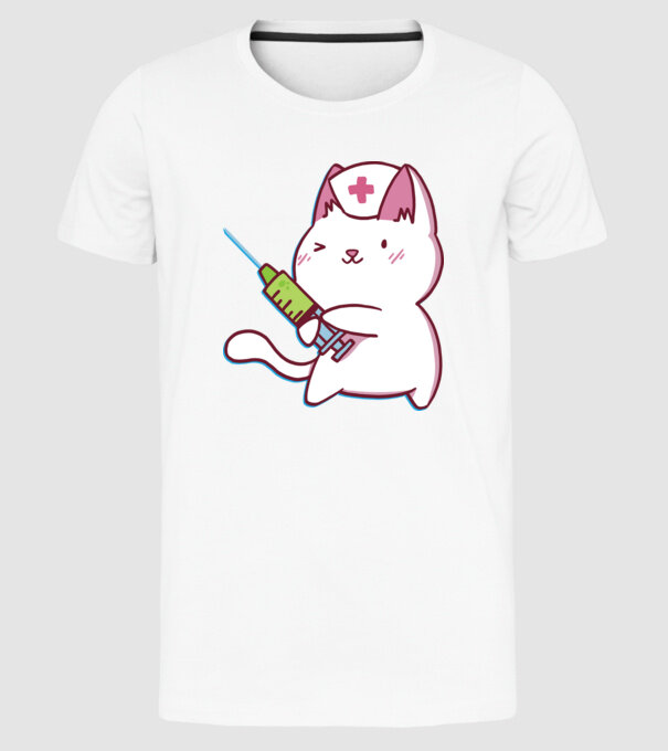 Pisică asistent medical cu vaccin model alb pe tricou