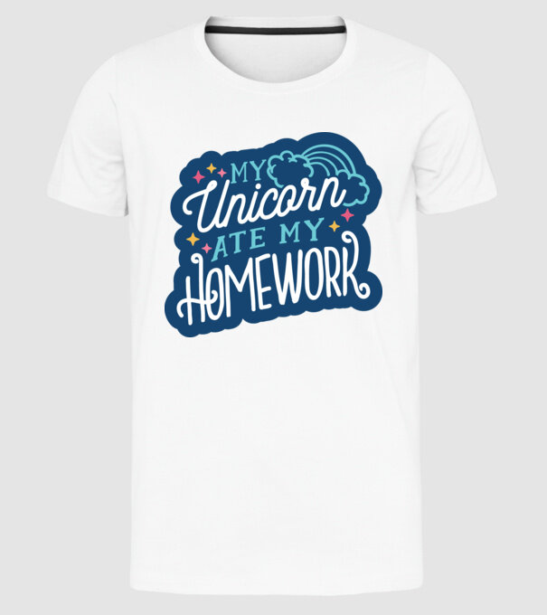Unicornul meu mi-a mâncat tema de casă model alb pe tricou