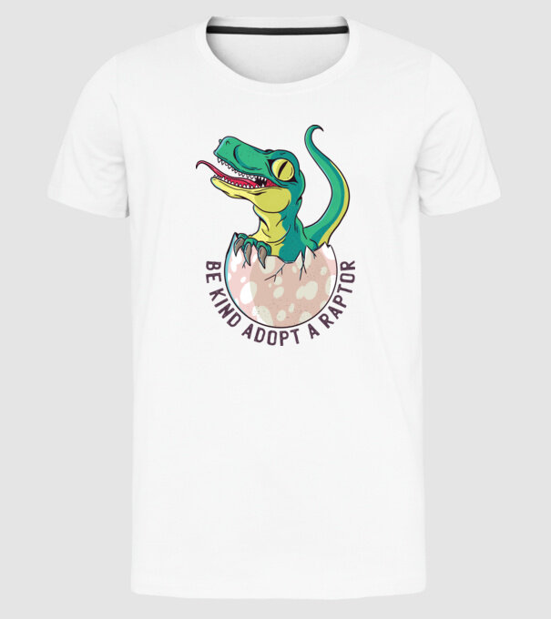Be kind adopt a Raptor tricou cu dinozaur model alb pe tricou
