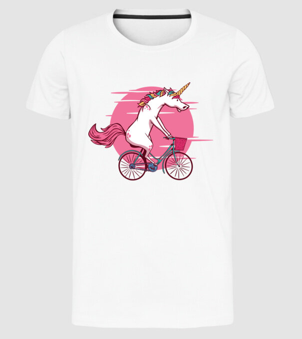 Unicorn cu bicicletă model alb pe tricou