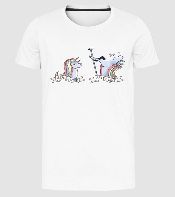 Înainte și după vin Unicorns model alb pe tricou