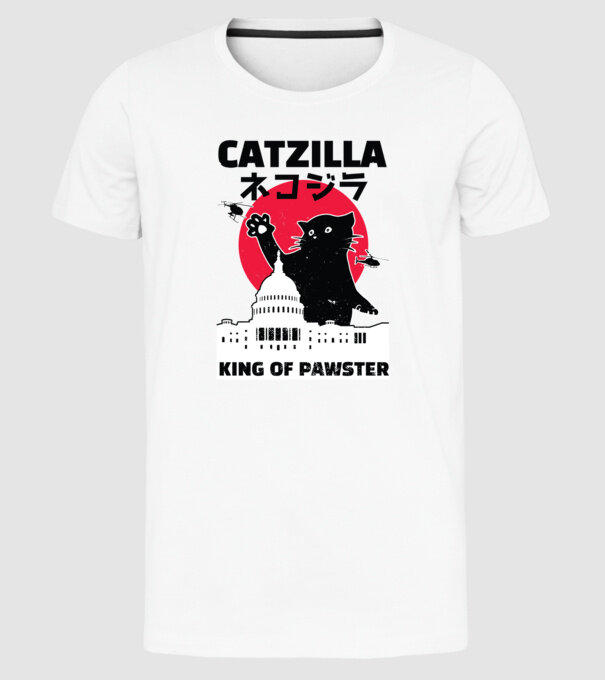 Catzilla - Pisică Godzilla model alb pe tricou
