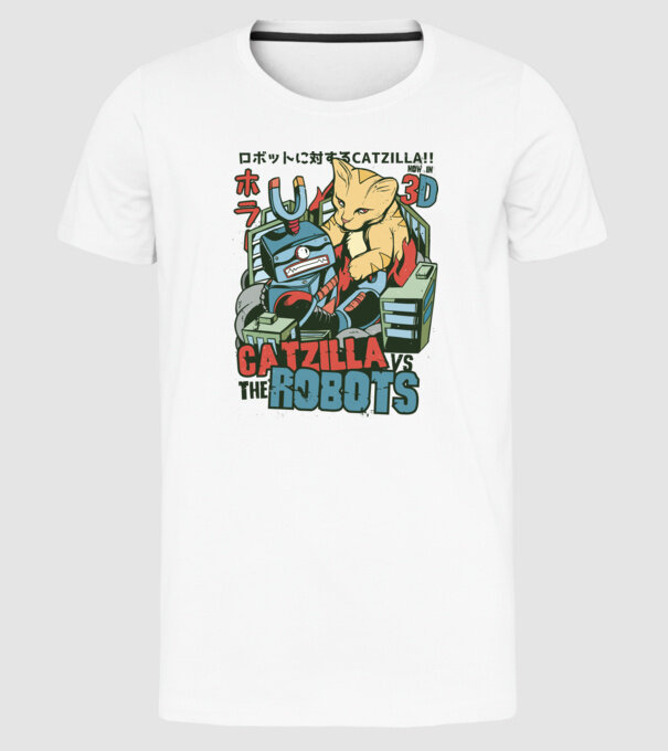Catzilla Vs Robots model alb pe tricou