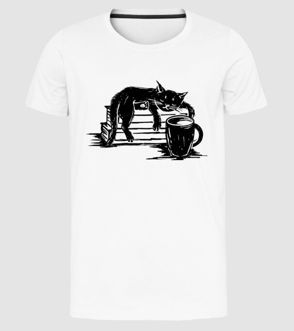 Pisică și cafea model alb pe tricou