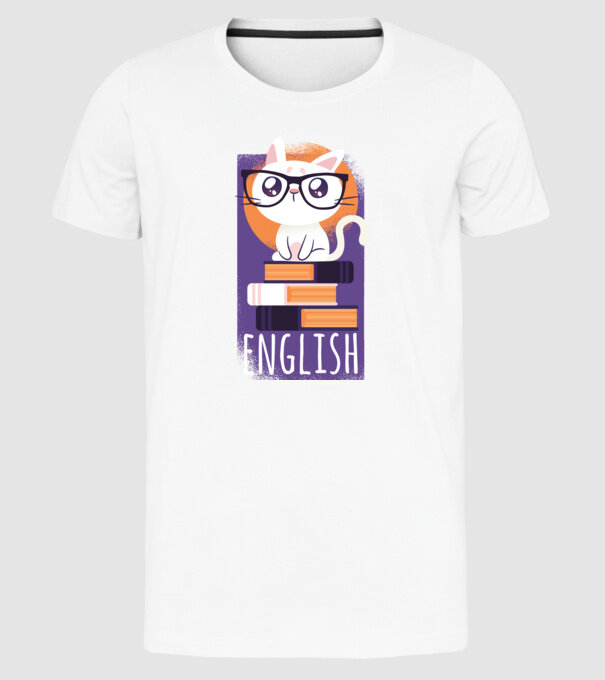 Pisică cu cărți model alb pe tricou
