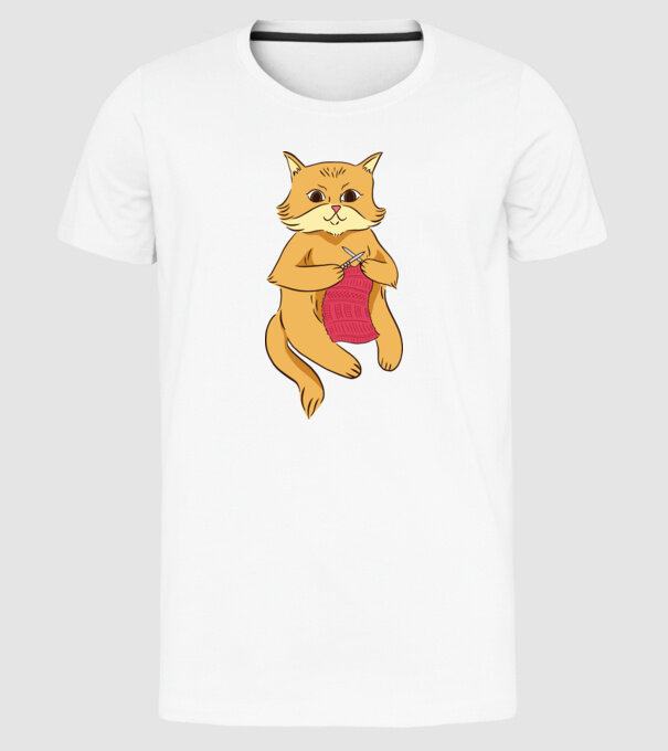 Pisică croșetând model alb pe tricou