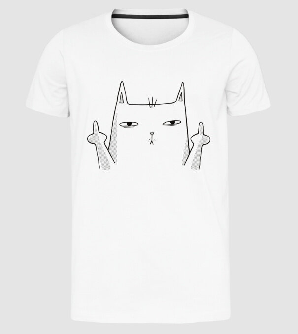Pisică desen arată degetul model alb pe tricou