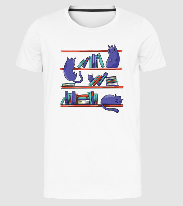 Pisici pe raftul de cărți model alb pe tricou