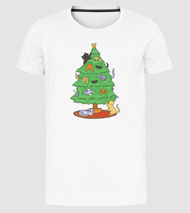 pom de Crăciun cu pisică model alb pe tricou