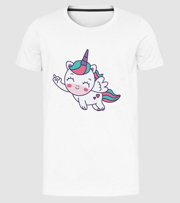 Unicorn drăguț arată degetul model alb pe tricou